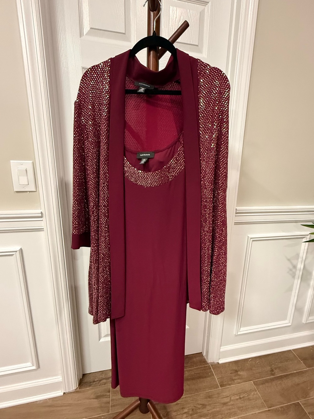 R&M Richards Wine Red Sparkle Layered Dress Set
